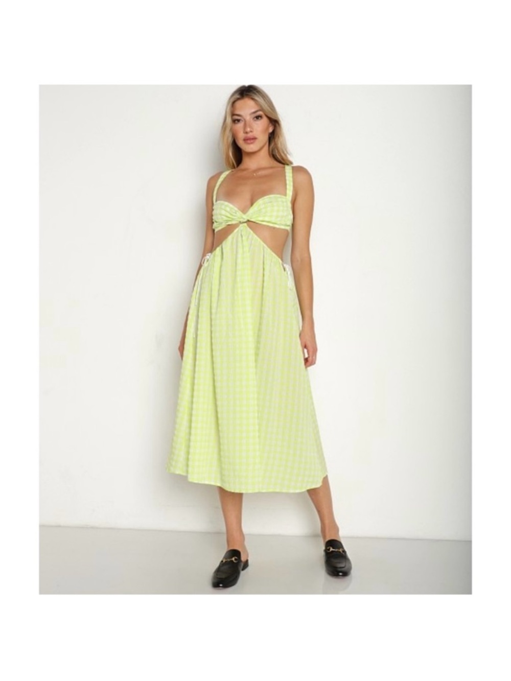 For Love & Lemons NWT XL Cutout Midi Dress in Lemon Gingham